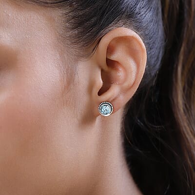 Artisan Crafted Blue Moon Turquoise Solitaire Stud Earrings in Sterling Silver 1.65 ctw