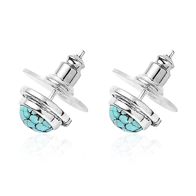 Artisan Crafted Blue Moon Turquoise Solitaire Stud Earrings in Sterling Silver 1.65 ctw