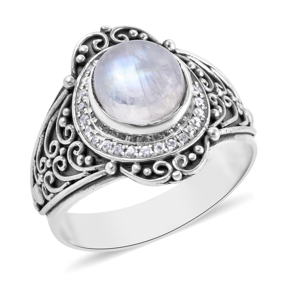 BALI LEGACY Kuisa Rainbow Moonstone, Natural White Zircon Ring in Sterling Silver (Size 10.0) 4.15 ctw image number 0