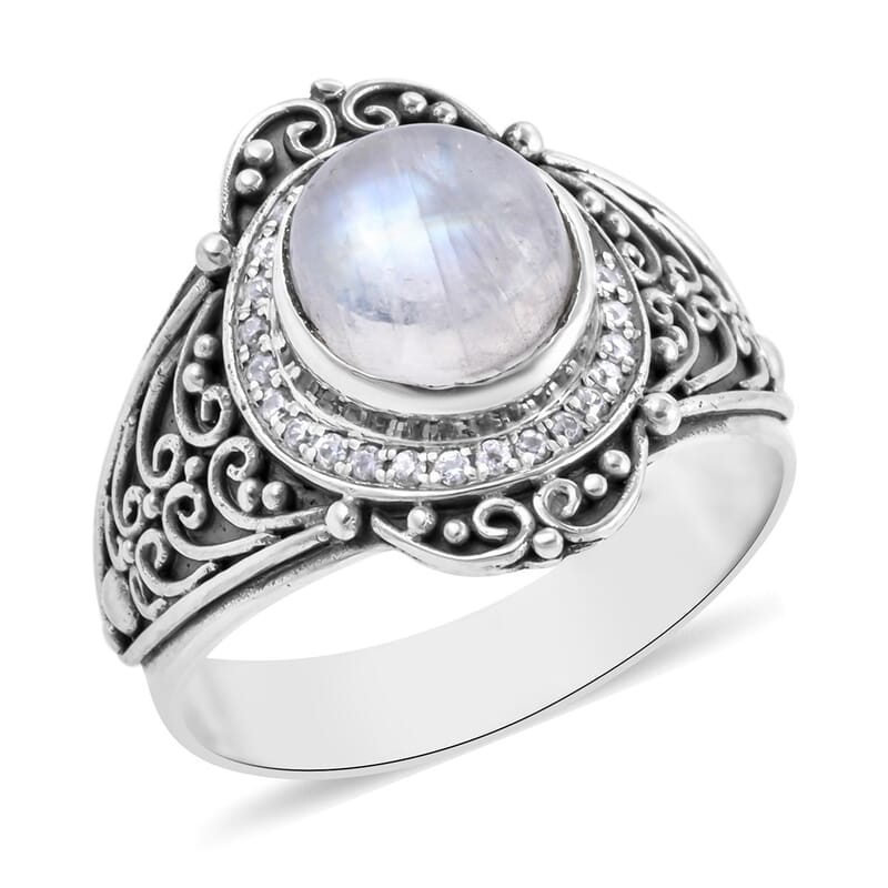 Bali Legacy Kuisa Rainbow Moonstone and White Zircon Floral Ring in Sterling Silver (Size 10.0) 4.15 ctw