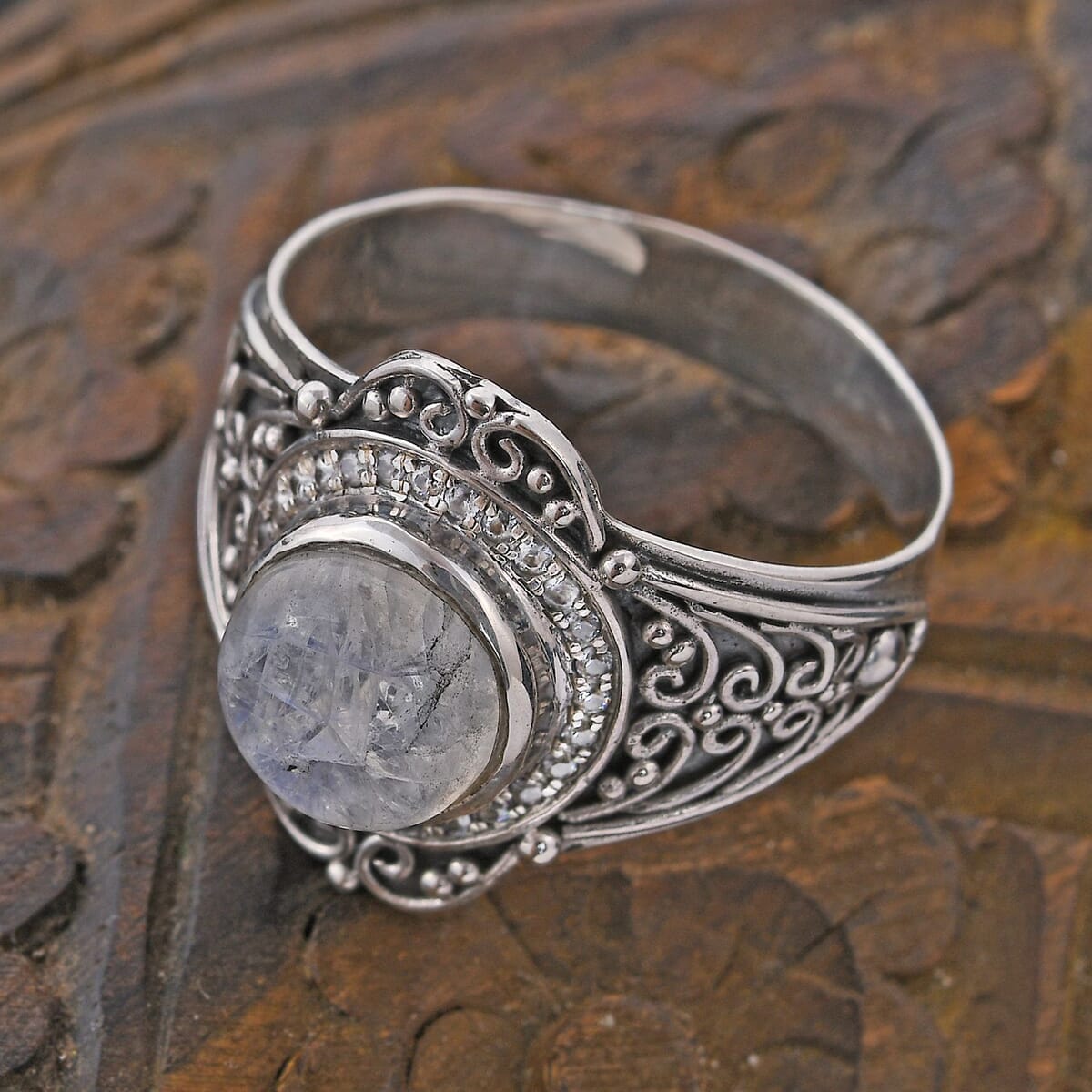 BALI LEGACY Kuisa Rainbow Moonstone, Natural White Zircon Ring in Sterling Silver (Size 10.0) 4.15 ctw image number 1