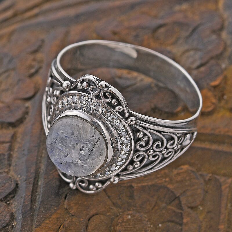 Bali Legacy Kuisa Rainbow Moonstone and White Zircon Floral Ring in Sterling Silver (Size 10.0) 4.15 ctw