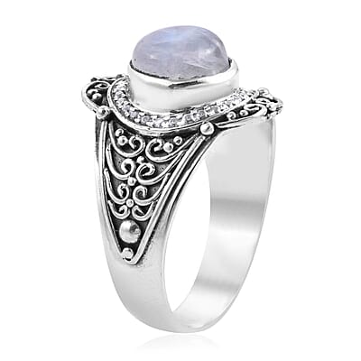 Bali Legacy Kuisa Rainbow Moonstone and White Zircon Floral Ring in Sterling Silver (Size 10.0) 4.15 ctw