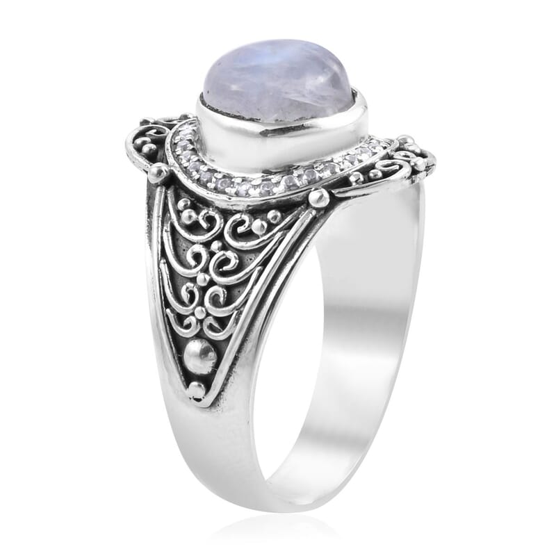 Bali Legacy Kuisa Rainbow Moonstone and White Zircon Floral Ring in Sterling Silver (Size 10.0) 4.15 ctw