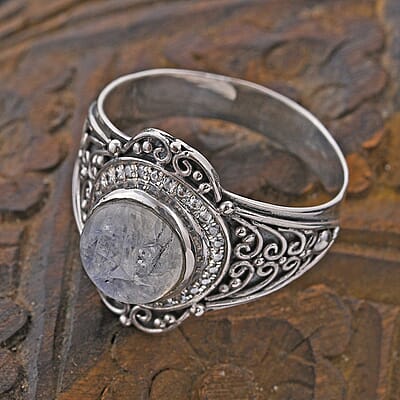 Bali Legacy Kuisa Rainbow Moonstone and Natural White Zircon Floral Ring in Sterling Silver (Size 7.0) 4.15 ctw