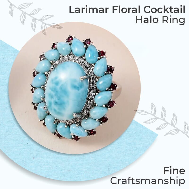 Larimar Floral Ring ,Multi Gemstone Cocktail Ring,Sterling Silver Ring, Larimar Cluster Ring