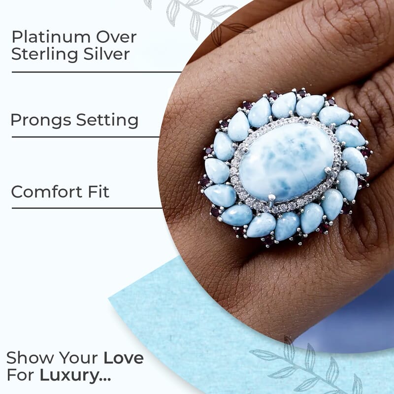 Larimar Floral Ring ,Multi Gemstone Cocktail Ring,Sterling Silver Ring, Larimar Cluster Ring