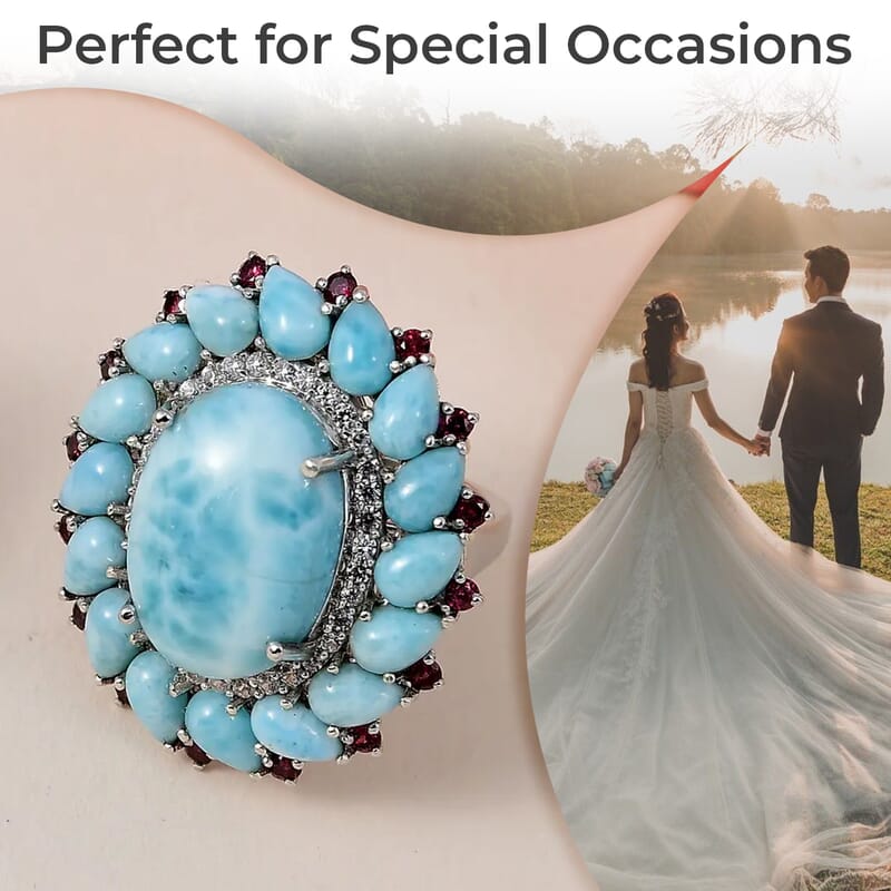 Larimar Floral Ring ,Multi Gemstone Cocktail Ring,Sterling Silver Ring, Larimar Cluster Ring