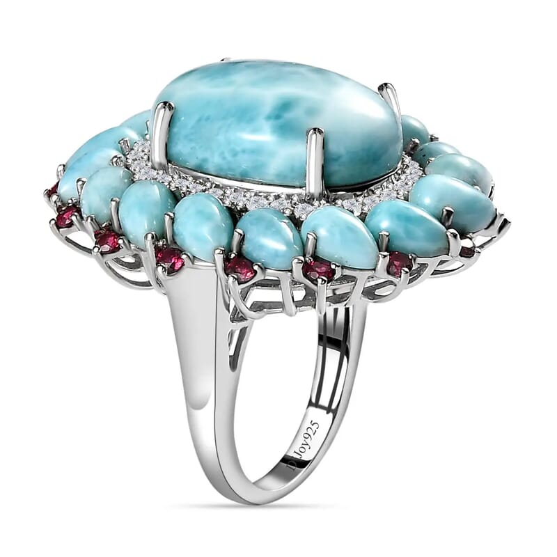 Larimar Floral Ring ,Multi Gemstone Cocktail Ring,Sterling Silver Ring, Larimar Cluster Ring