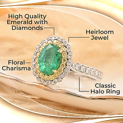 Modani Emerald, Natural Yellow and White Diamond 1.80 ctw Double Halo Ring in 14K White Gold (Size 10.0)