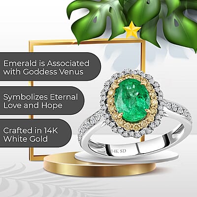 Modani Emerald, Natural Yellow and White Diamond 1.80 ctw Double Halo Ring in 14K White Gold (Size 10.0)