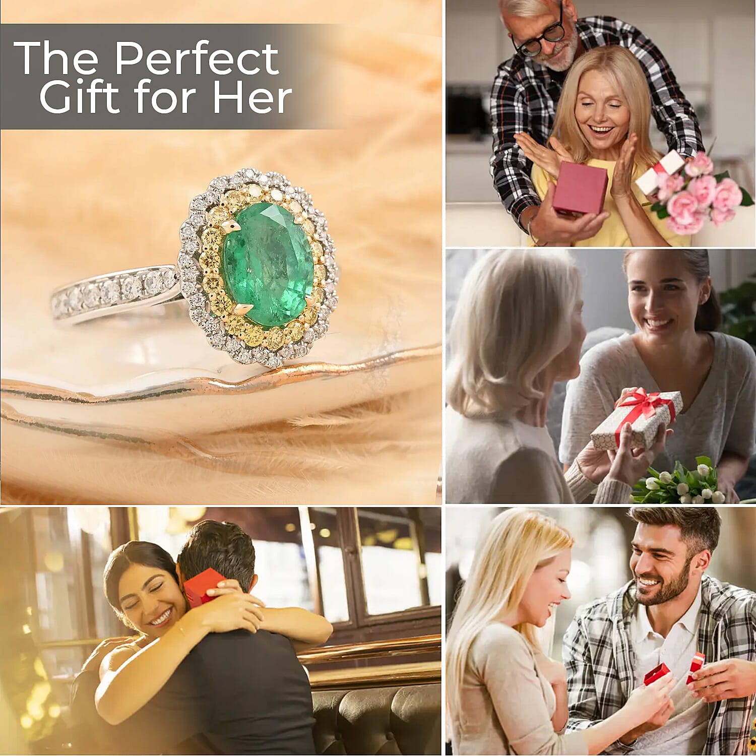 Modani Emerald, Natural Yellow and White Diamond 1.80 ctw Double Halo Ring in 14K White Gold (Size 10.0)
