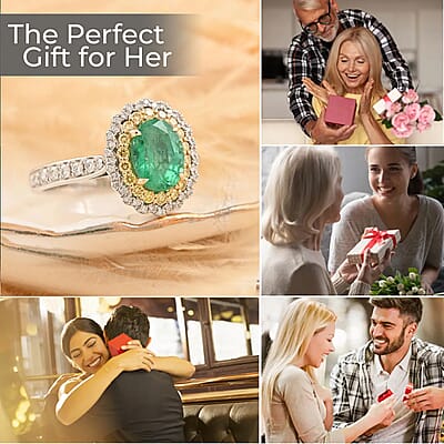 Modani Emerald, Natural Yellow and White Diamond 1.80 ctw Double Halo Ring in 14K White Gold (Size 10.0)