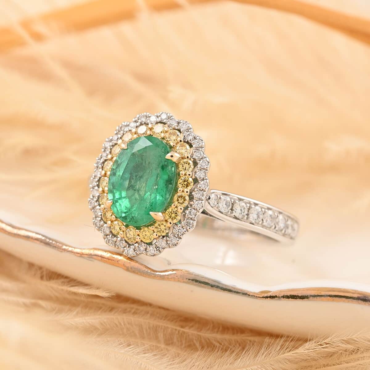 Modani Emerald, Natural Yellow and White Diamond 1.80 ctw Double Halo Ring in 14K White Gold (Size 5.0) image number 1