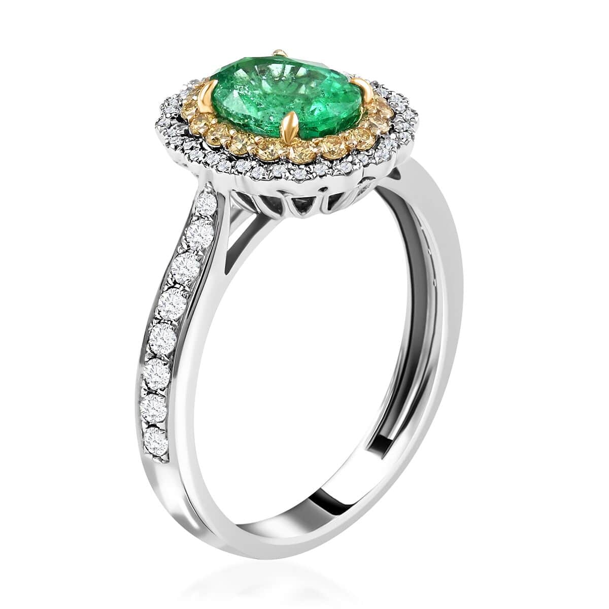 Modani Emerald, Natural Yellow and White Diamond 1.80 ctw Double Halo Ring in 14K White Gold (Size 5.0) image number 3