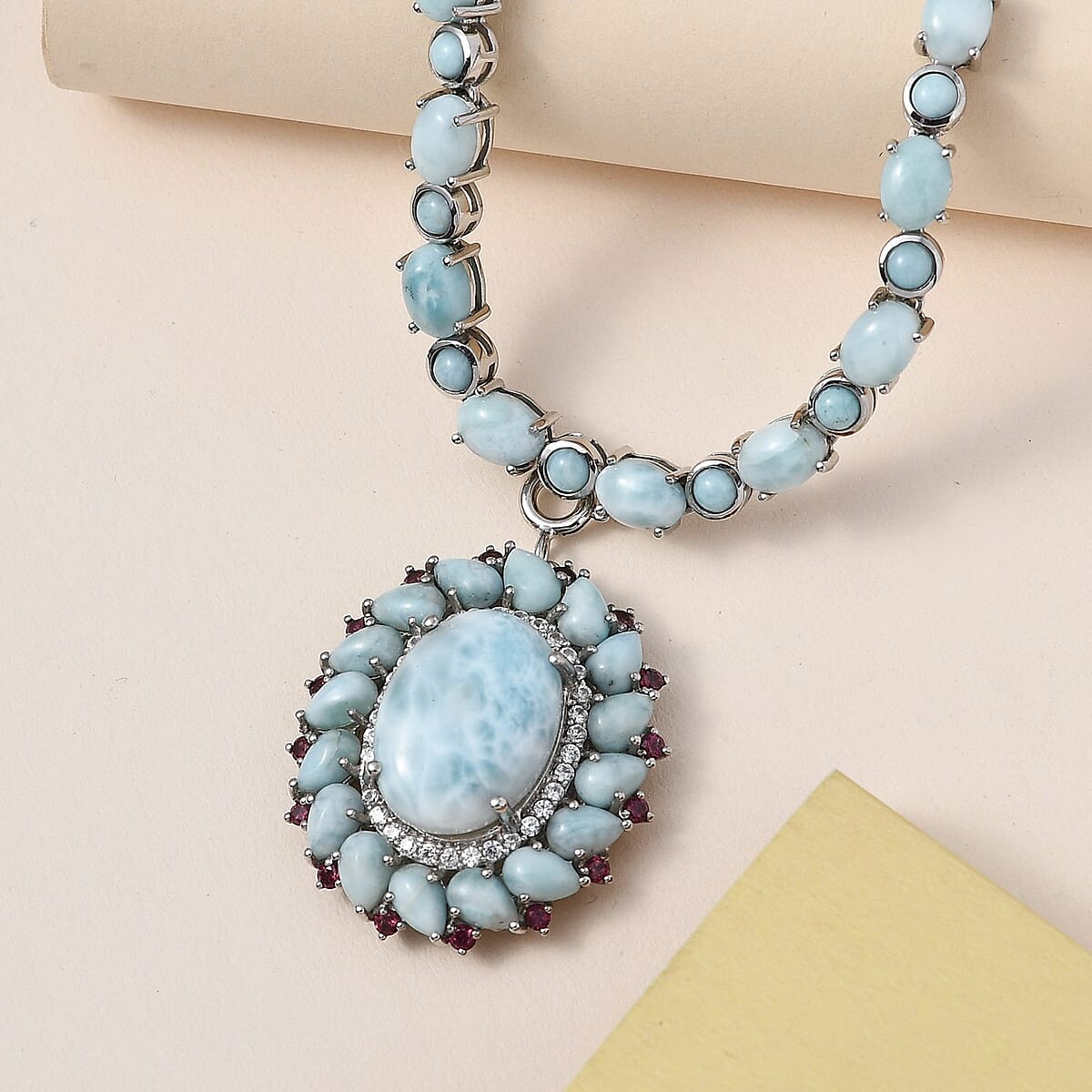 Larimar and Multi Gemstone Necklace 20 Inches in Platinum Over Sterling Silver 17 Grams 46.75 ctw image number 1