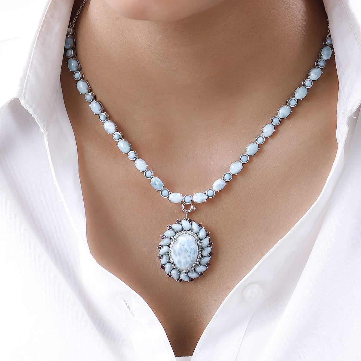 Larimar and Multi Gemstone Necklace 20 Inches in Platinum Over Sterling Silver 17 Grams 46.75 ctw image number 2