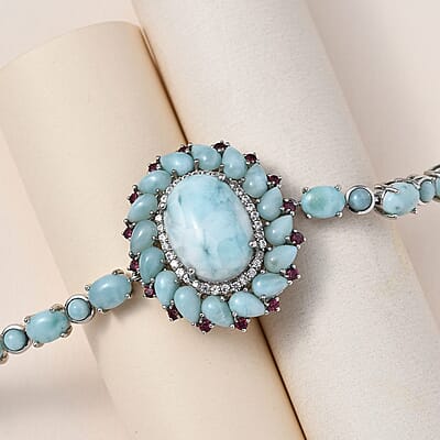 Larimar and Multi Gemstone Cocktail Bracelet in Platinum Over Sterling Silver (7.25 In) 34.00 ctw