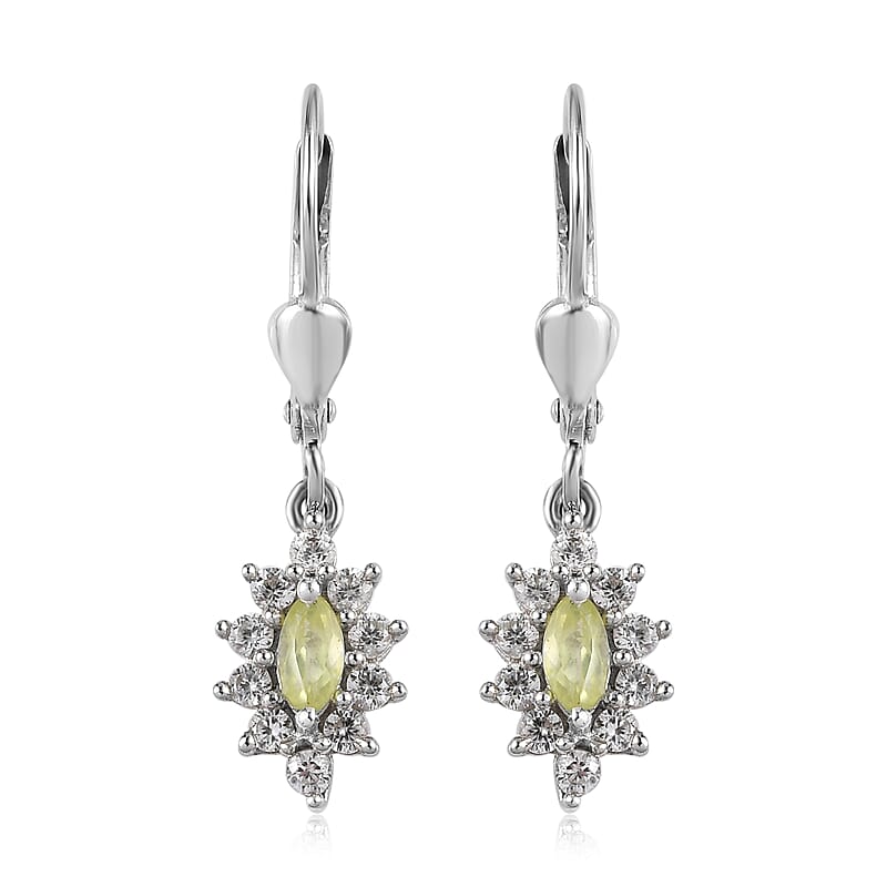 Premium Natural Chrysoberyl and White Zircon Lever Back Earrings in Platinum Over Sterling Silver 1.00 ctw