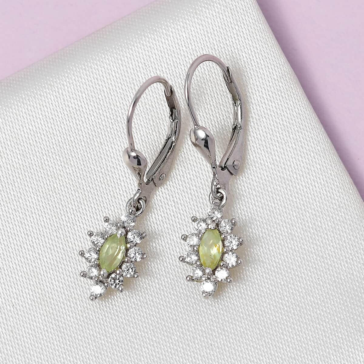 Premium Natural Chrysoberyl and White Zircon Lever Back Earrings in Platinum Over Sterling Silver 1.00 ctw image number 1