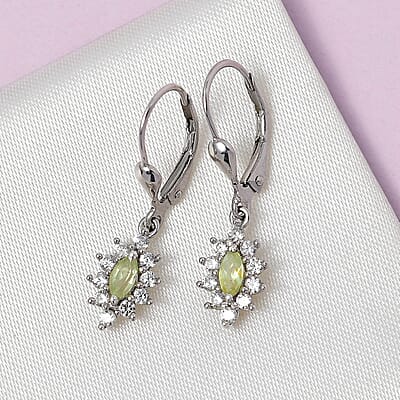 Premium Natural Chrysoberyl and White Zircon Lever Back Earrings in Platinum Over Sterling Silver 1.00 ctw