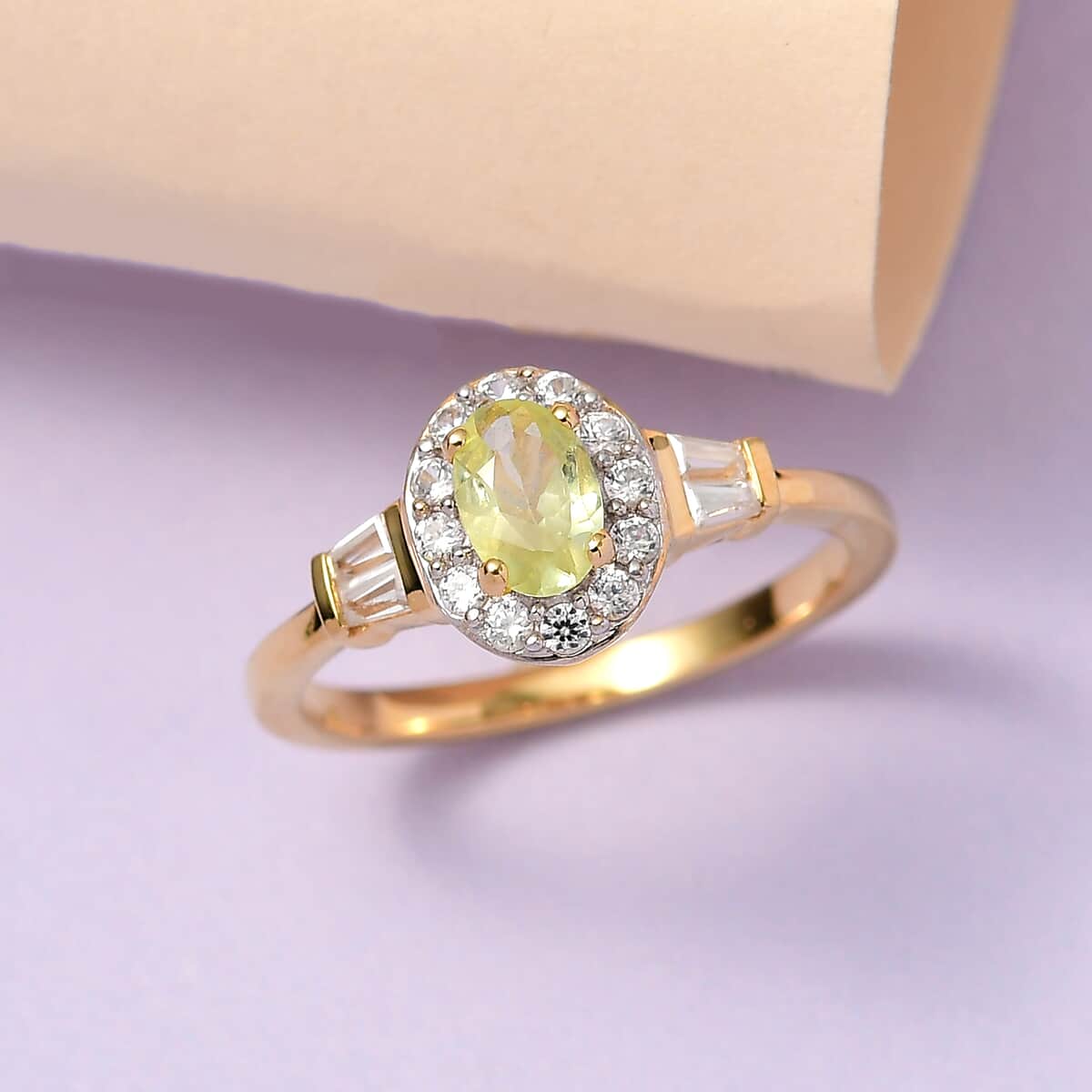 Natural Chrysoberyl and Natural White Zircon Halo Ring in Vermeil Yellow Gold Over Sterling Silver 1.10 ctw image number 1