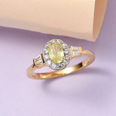 Natural Chrysoberyl and White Zircon Halo Ring in Vermeil Yellow Gold Over Sterling Silver (Size 10.0) 1.10 ctw