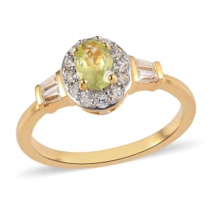Natural Chrysoberyl and White Zircon Halo Ring in Vermeil Yellow Gold Over Sterling Silver (Size 8.0) 1.10 ctw