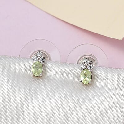 Premium Chrysoberyl and White Zircon Earrings in Platinum Over Sterling Silver 0.50 ctw