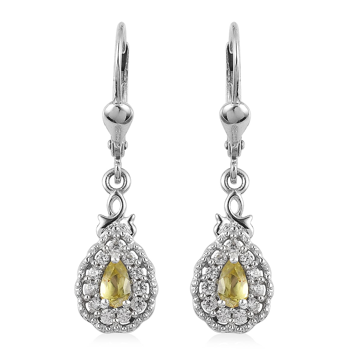 Premium Natural Chrysoberyl and White Zircon Dangling Earrings in Platinum Over Sterling Silver 0.85 ctw