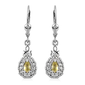 Premium Natural Chrysoberyl and White Zircon Dangling Earrings in Platinum Over Sterling Silver 0.85 ctw