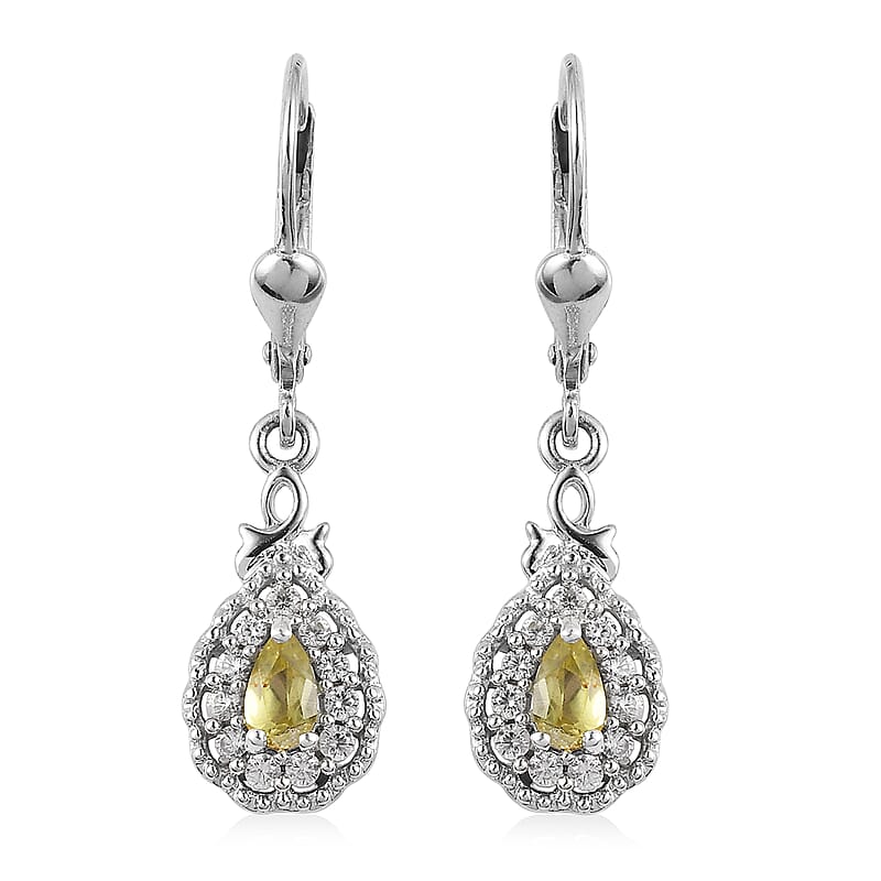 Premium Natural Chrysoberyl and White Zircon Dangling Earrings in Platinum Over Sterling Silver 0.85 ctw