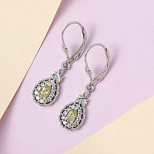 Premium Natural Chrysoberyl and White Zircon Dangling Earrings in Platinum Over Sterling Silver 0.85 ctw