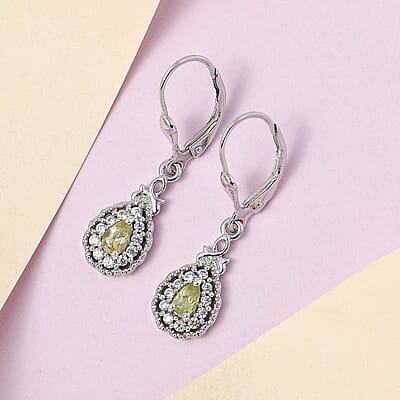Premium Natural Chrysoberyl and White Zircon Dangling Earrings in Platinum Over Sterling Silver 0.85 ctw