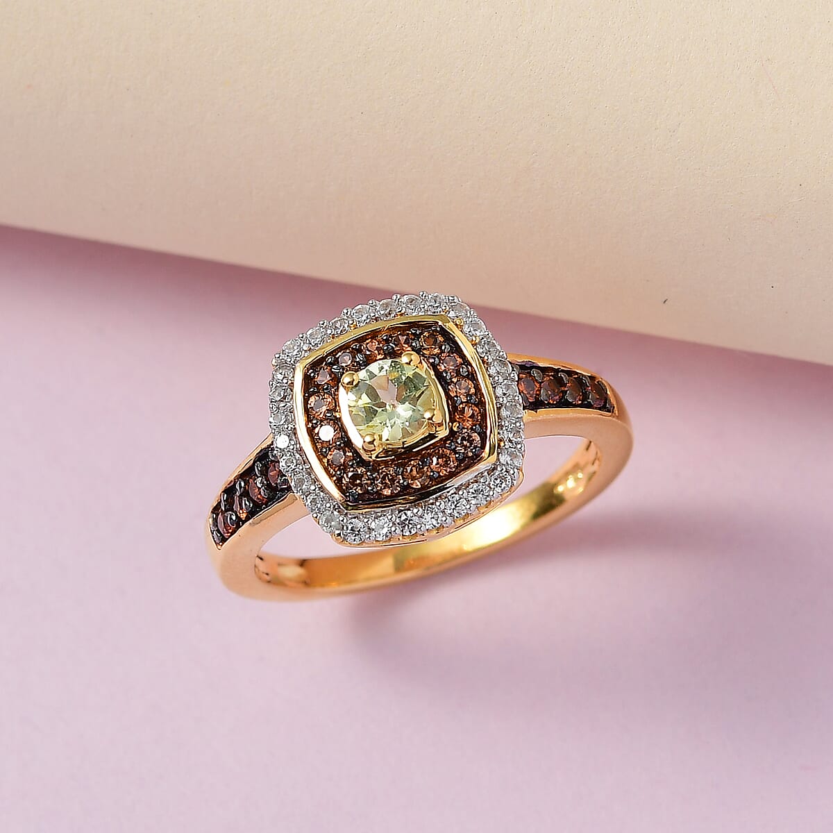 Premium Natural Chrysoberyl, Natural White Zircon, Brown Zircon Double Halo Ring in Vermeil Yellow Gold Over Sterling Silver 1.15 ctw image number 1