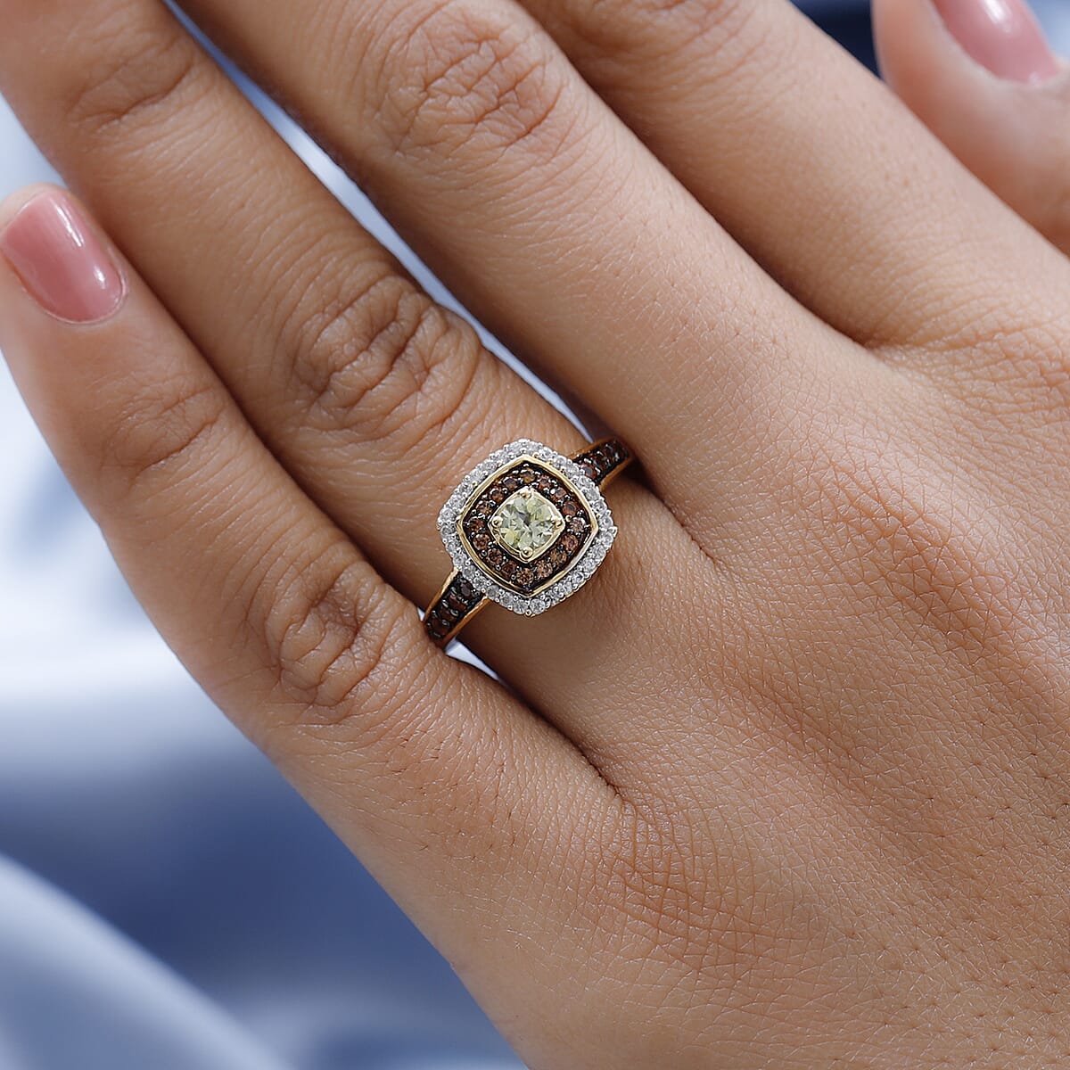 Premium Natural Chrysoberyl, Natural White Zircon, Brown Zircon Double Halo Ring in Vermeil Yellow Gold Over Sterling Silver 1.15 ctw image number 2