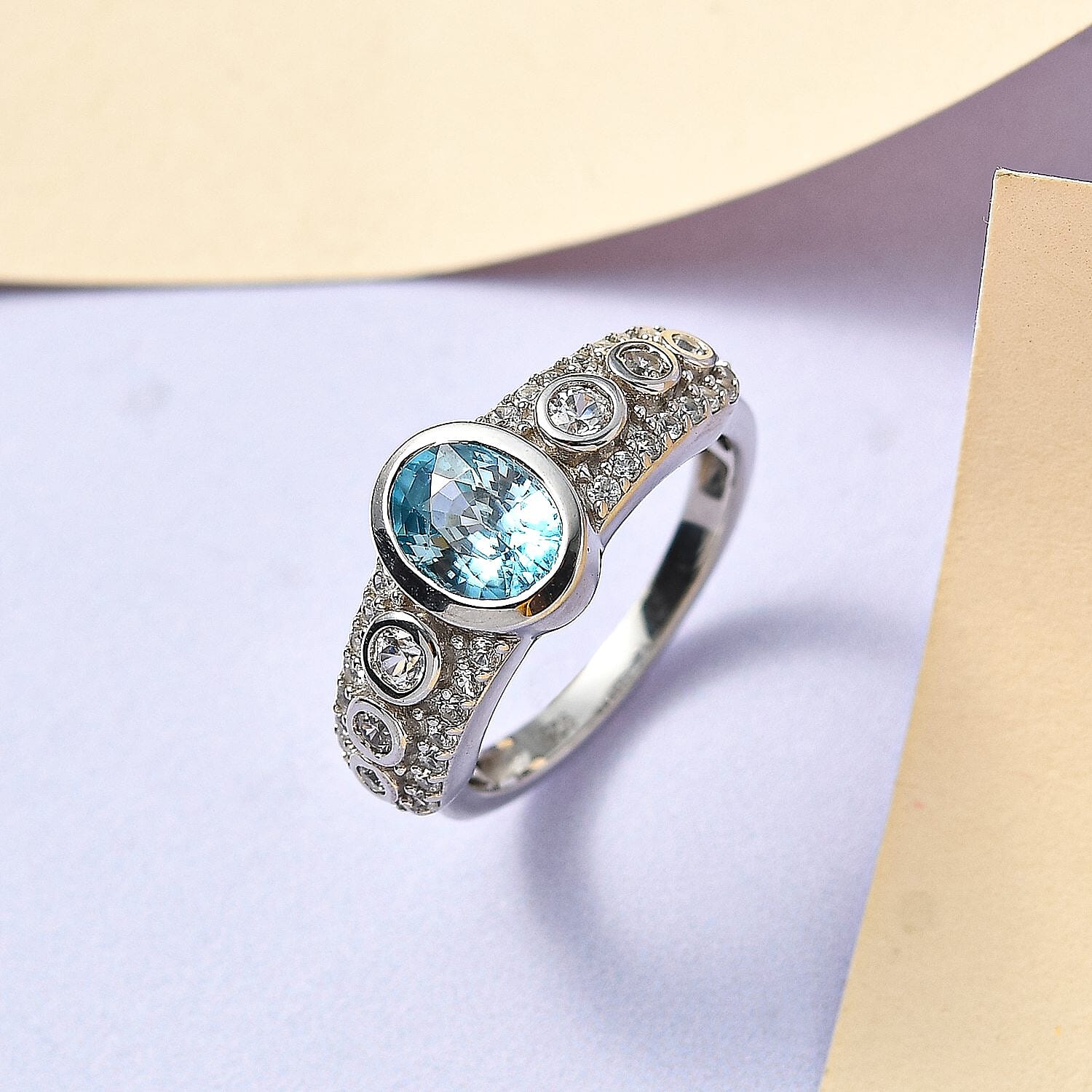 Cambodian Blue Zircon and White Zircon 2.60 ctw Ring in Platinum Over Sterling Silver (Size 10.0)