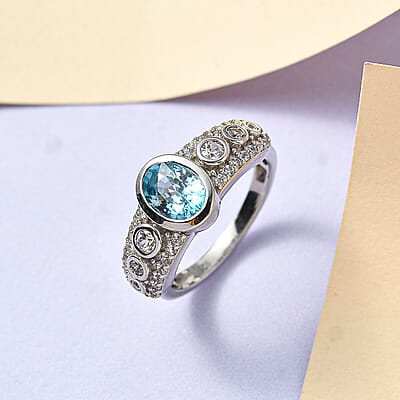 Cambodian Blue Zircon and White Zircon 2.60 ctw Ring in Platinum Over Sterling Silver (Size 10.0)