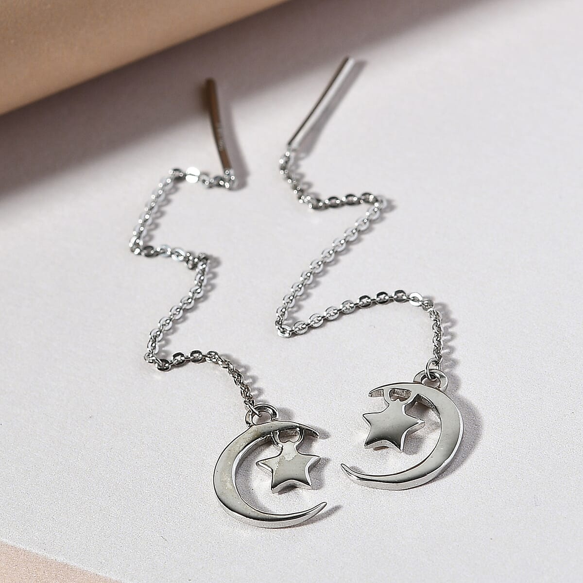 Platinum Over Sterling Silver Moons Star Dangle Earrings 2.20 Grams image number 1