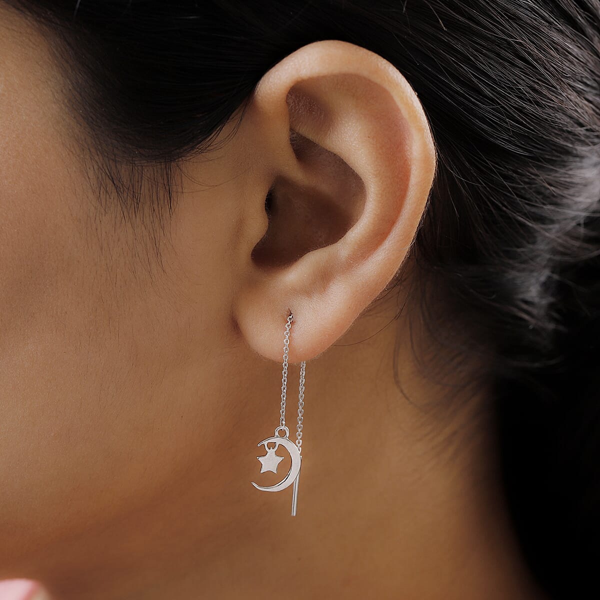 Platinum Over Sterling Silver Moons Star Dangle Earrings 2.20 Grams image number 2