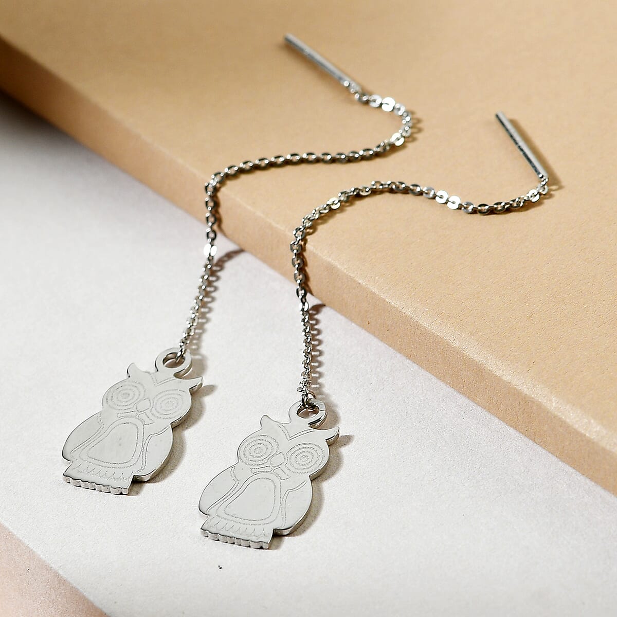 Platinum Over Sterling Silver Owl Dangle Earrings 2.40 Grams image number 1