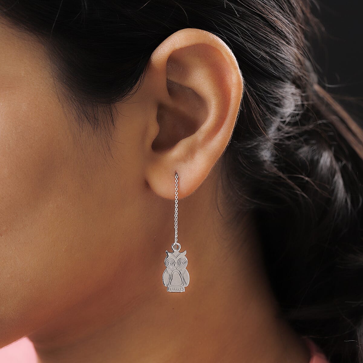 Platinum Over Sterling Silver Owl Dangle Earrings 2.40 Grams image number 2