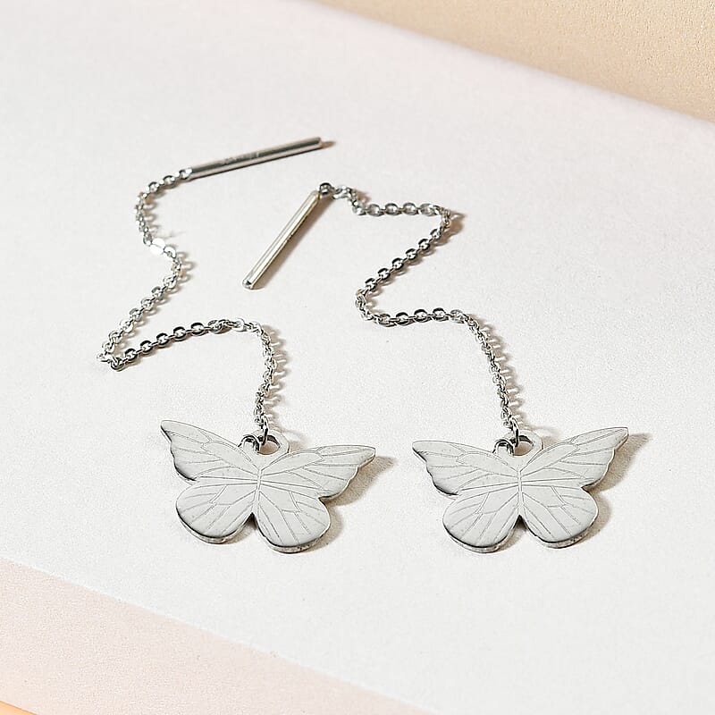 Platinum Over Sterling Silver Butterfly Dangle Earrings 2.50 Grams