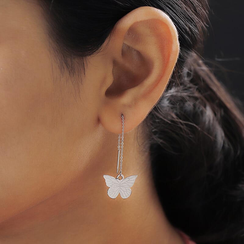 Platinum Over Sterling Silver Butterfly Dangle Earrings 2.50 Grams