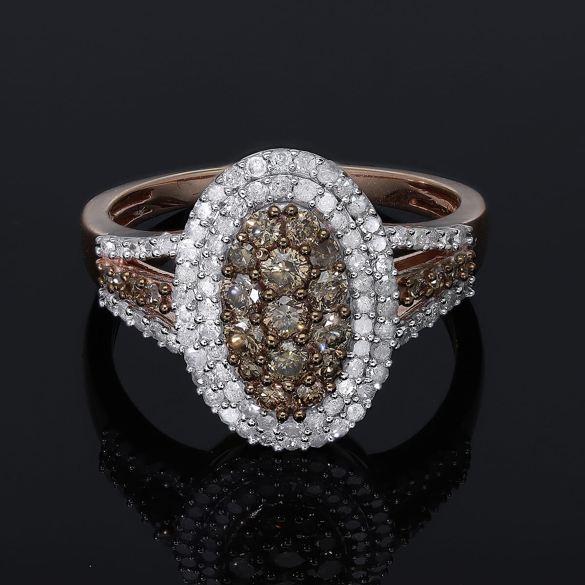 Natural Champagne and White Diamond Oval Shape Ring in Vermeil Rose Gold Over Sterling Silver, Oval Engagement Ring (Size 9.0) 1.00 ctw image number 1