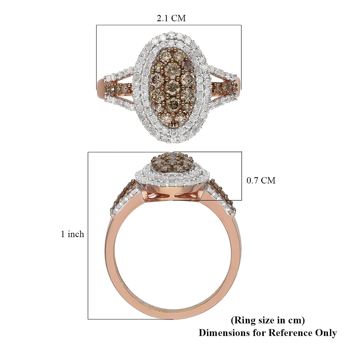 Natural Champagne and White Diamond Oval Shape Ring in Vermeil Rose Gold Over Sterling Silver, Oval Engagement Ring (Size 9.0) 1.00 ctw image number 5