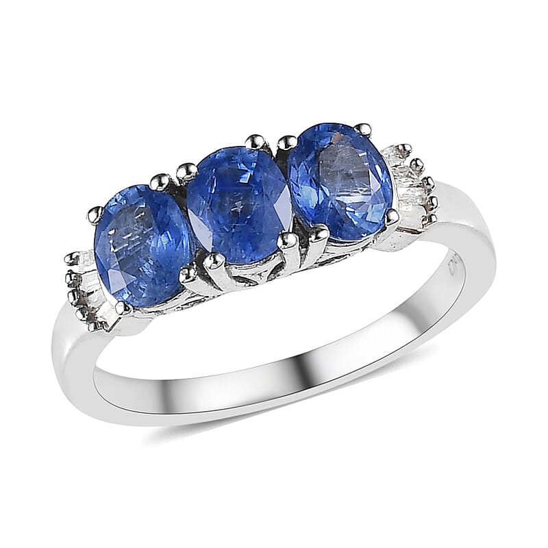 Premium Ceylon Blue Sapphire and Diamond 3 Stone Ring in Platinum Over Sterling Silver (Size 10.0) 1.40 ctw