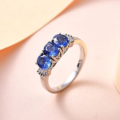 Premium Ceylon Blue Sapphire and Diamond 3 Stone Ring in Platinum Over Sterling Silver (Size 10.0) 1.40 ctw