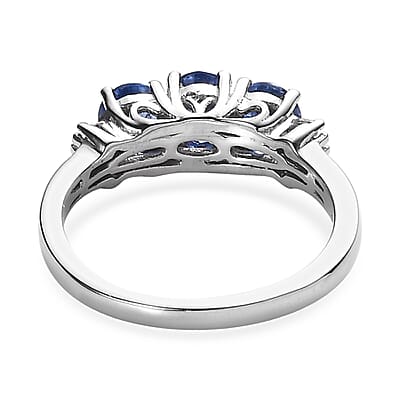 Premium Ceylon Blue Sapphire and Diamond 3 Stone Ring in Platinum Over Sterling Silver (Size 10.0) 1.40 ctw