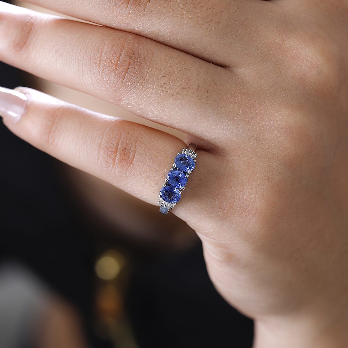 Premium Ceylon Blue Sapphire and Diamond 3 Stone Ring in Platinum Over Sterling Silver (Size 5.0) 1.40 ctw image number 2